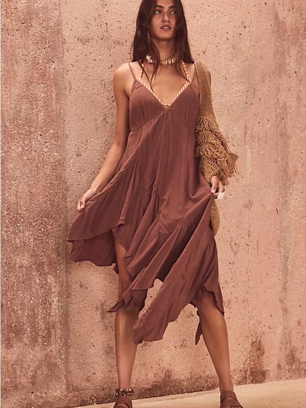 Free People Rust Brown Asymmetrical Slip Dress